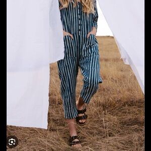 Blue Striped Button-Front Jumpsuit